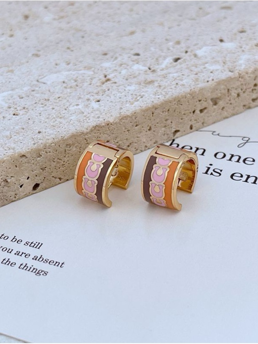 Coach Gold-Tone Huggie Earrings with Pink and Orange Enamel